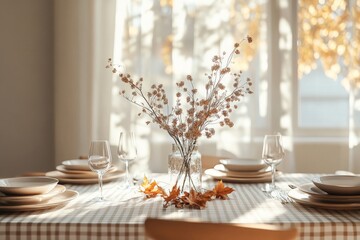 Elegant autumn table setting with dried flowers centerpiece in sunlit dining room