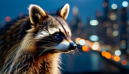 Wall Mural - Nocturnal raccoon exploring an urban environment under the night sky