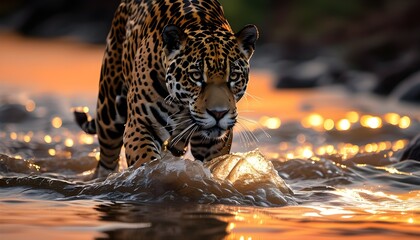 Wall Mural - Majestic jaguar wading through water under a vibrant sunset