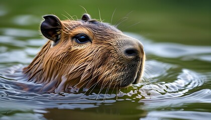 Wall Mural - Intimate view of a capybara gliding through a tranquil river, capturing the essence of natures wildlife.