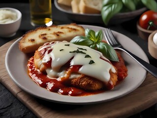 Crispy chicken parmigiana topped with rich marinara and melted mozzarella, garnished with fresh basil leaves