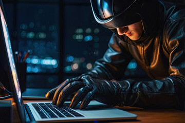 Hacker theif wear black glove use laptop notebook computer steal data on office desk at night in concept of IT cybersecurity and privacy data protection