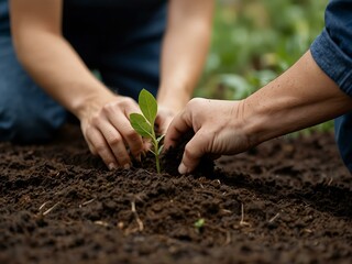 Wall Mural - Close-up of a gardener planting a seedling in rich soil.