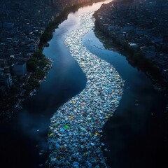 Wall Mural - a river choked with plastic waste flowing past a crowded city, symbolizing urban pollutions impact o