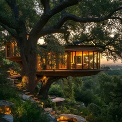 Poster - A modern treehouse nestled in a lush forest, with a panoramic view of the cityscape in the distance.  The house is lit up, creating a warm and inviting atmosphere.