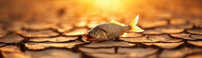 Wall Mural - dying fish in a driedup riverbed, visualizing the environmental impact of water scarcity and polluti