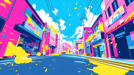 Sticker - Vibrant Cityscape with Pink and Yellow Buildings