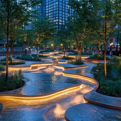 Sticker - A modern urban park with a flowing water feature at dusk, illuminated by warm lights.