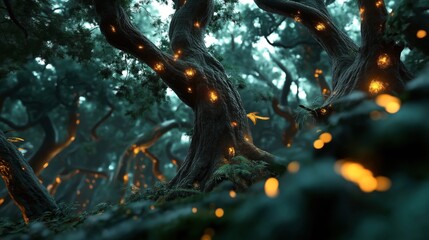 Poster - Enchanting forest scene with ancient trees illuminated by magical fireflies, creating a mystical and ethereal ambiance. The glowing lights add a touch of wonder.