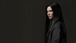 © Mickael - Portrait of Woman with Long Black Hair in Dark Outfit Against Plain Background – Studio Photography. Generative AI