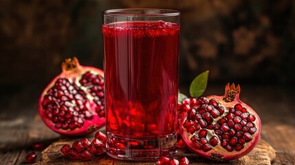 Wall Mural - Glass of pomegranate juice with a deep red color and a few pomegranate seeds as garnish.