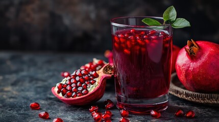 Wall Mural - Glass of pomegranate juice with a deep red color and a few pomegranate seeds as garnish.