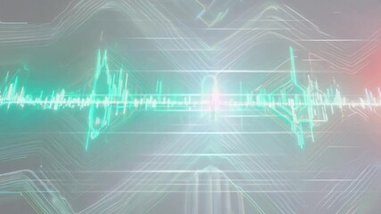 Poster - Green audio spectrum waveform flowing from left to right with abstract digital line and light effects. Perfect for any project about music, audio, sound design, technology and communication