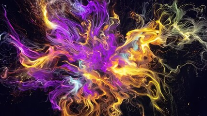 Poster - Colorful smoke flows in perpetual motion, blending and forming mesmerizing shapes with vibrant orange, purple, and blue hues against a black background
