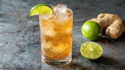 Rum and ginger beer in a highball glass with a few ice cubes and a slice of lime for a zesty twist.