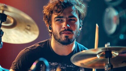 Poster - This drummer showcases his talent, engaging the audience while playing on stage at night.