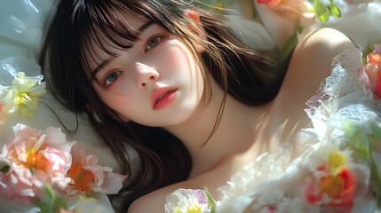 Sticker - Beautiful Woman Surrounded by Flowers with Soft Lighting and a Gentle Expression