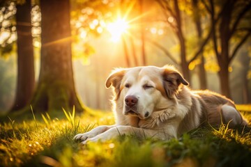 A serene loyal dog lies peacefully at rest, paws curled, eyes closed, surrounded by lush green grass and warm afternoon sunlight filtering through trees.