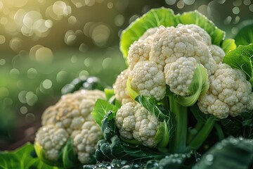 Wall Mural - Freshly harvested cauliflower heads with dew drops on them.