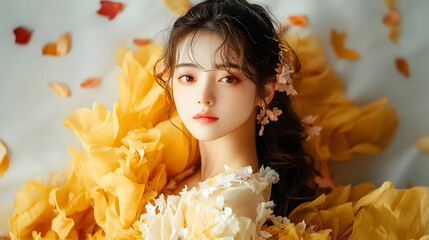 Poster - Beautiful Woman in Yellow Flowers, Stunning Portrait