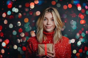 Wall Mural - a festive scene with a woman in a red sweater surrounded by holiday lights, creating a warm and cozy