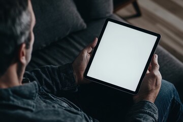 Poster - A close-up photo of a man holding a tablet with a blank white screen, sitting on the sofa in a home office Generative AI