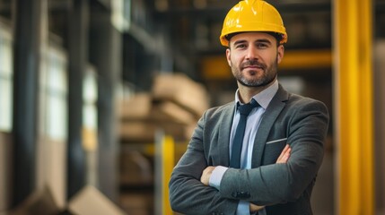 A construction manager confidently poses in a well-lit industrial area, dressed in a suit and hard hat. The background reveals stacks of materials, emphasizing a focus on safety and teamwork