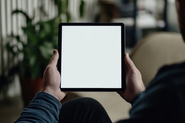 Poster - A close-up shot of a tablet in the hands of a man, with a white screen The tablet is positioned at eye level and held against his chest by both arms, creating space for text or graphics Generative AI