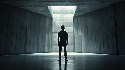 Poster - A person dressed in formal attire stands alone in a stark, modern room, highlighting the contrast between the dark figure and the bright, natural light streaming in from above