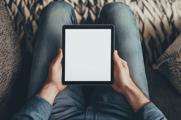 Poster - Over-the-shoulder shot of a man holding a tablet with a white screen, sitting on a coffee table Mockup style, flat lay Generative AI