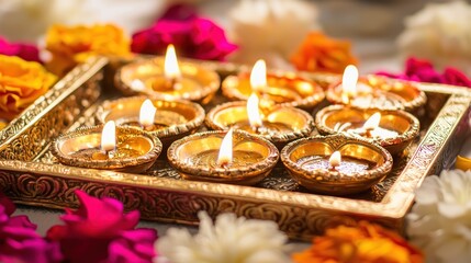 Wall Mural - Decorative Diwali lamps arranged on a tray, with flowers and petals surrounding them