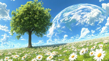 A large green tree stands proudly in a field filled with daisies, surrounded by a bright blue sky and fluffy white clouds, with a distant view of Earth looming above