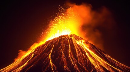 Wall Mural - The volcano releases bright lava and ash during a powerful eruption at night, lighting up the dark sky with fiery colors while creating a breathtaking natural display