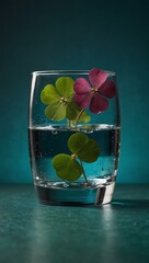 Canvas Print - Clover leaves in a glass of water against a teal background.