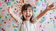 © angel_nt - A girl in a light dress is smiling widely with arms raised, enjoying a lively birthday celebration filled with bright balloons and colorful confetti