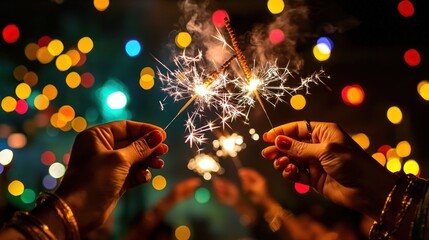 Canvas Print - Hands holding sparklers with vibrant Diwali fireworks in the background