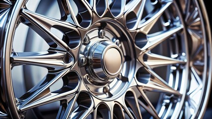 Leinwandbilder - Close up of a shiny metal wheel with intricate details, metal wheel, car part, vehicle, automotive, industrial, machinery, cog