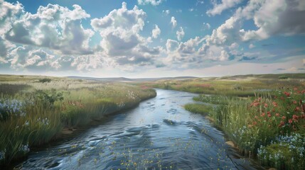 Poster - Serene River Flowing Through Lush Meadow