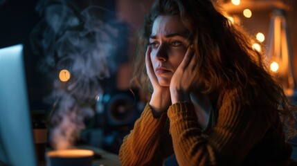Poster - In a cozy setting illuminated by soft lights, a young woman rests her head in her hands, overwhelmed with stress as she focuses on her computer screen amid rising steam from her coffee