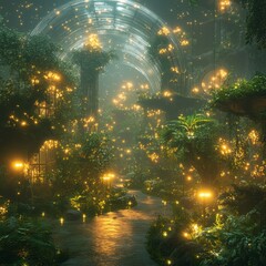 Sticker - A mystical, glowing forest path with a dome overhead, lit by lanterns and twinkling lights.