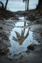 Poster - A palm tree reflected in a puddle on a sandy path.