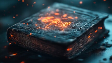 Sticker - An ancient book with glowing runes on its cover, surrounded by fiery sparks against a dark, mysterious background. The atmosphere is enigmatic and magical.