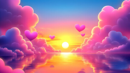 Wall Mural - Romantic Sunset with Hearts in the Clouds