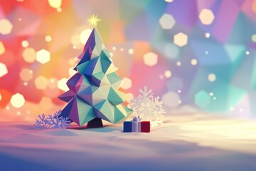 geometric christmas tree with gift and snowflakes in a snowy landscape