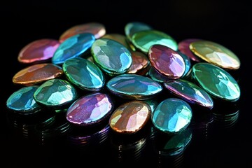 Sticker - A pile of iridescent, oval-shaped glass beads on a black background.