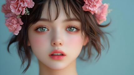 Sticker - Delicate Beauty: A Portrait with Soft Focus and Pink Flowers