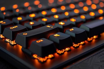 Wall Mural - Close-up of a black gaming keyboard with orange backlighting.