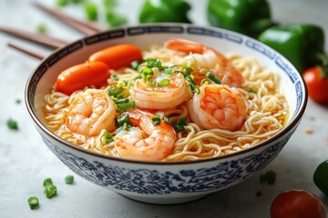 A bowl of steaming ramen noodles with shrimp, cherry tomatoes, and green onions.