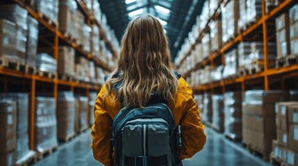 Poster - A futuristic warehouse showcasing robotic automation with a person observing the operations