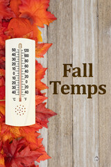 Wall Mural - Fall leaves with a thermometer on weathered wood autumn background